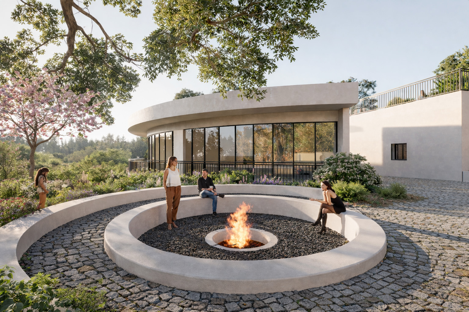 פינת מדורה חיצונית עם ספסלי בזלת ועיצוב טבעי